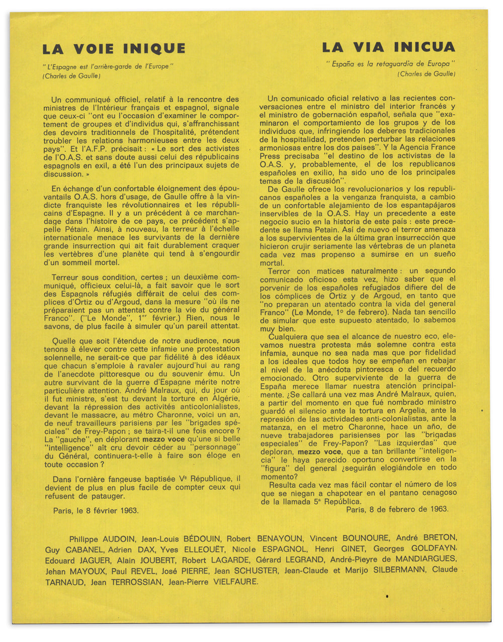 Bilingual Surrealist Declaration, 1963: La Voie inique. La Via inicua.