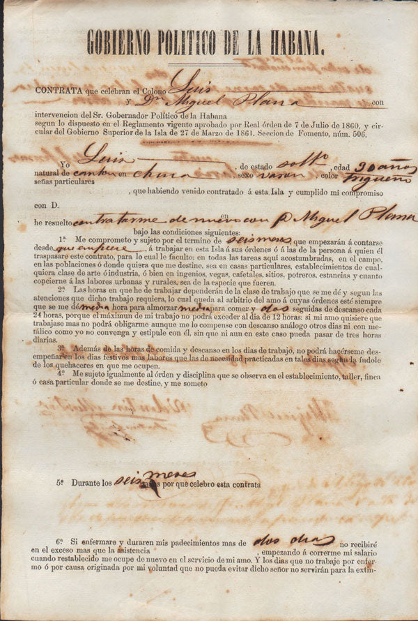 Indentured Servant Contract for a Chinese Laborer in 19th-Century Cuba